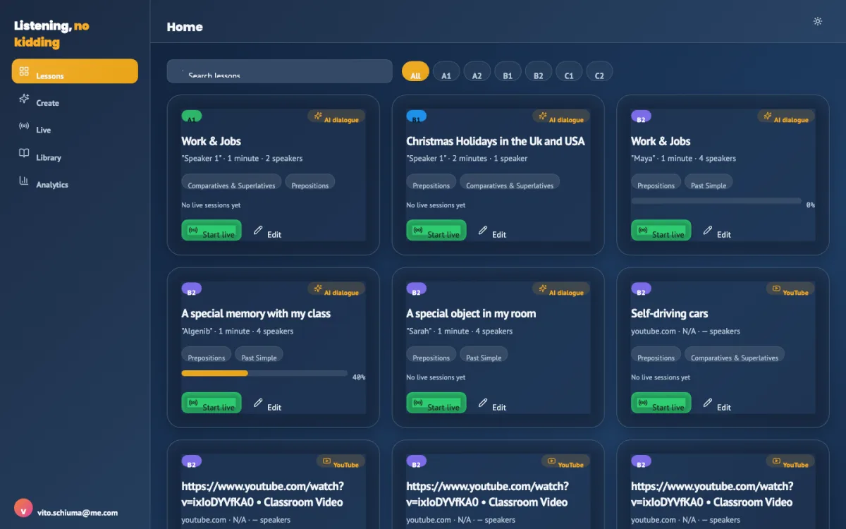 Listening, no kidding’s dashboard: browse lessons, grammar and topic tags, and manage classrooms